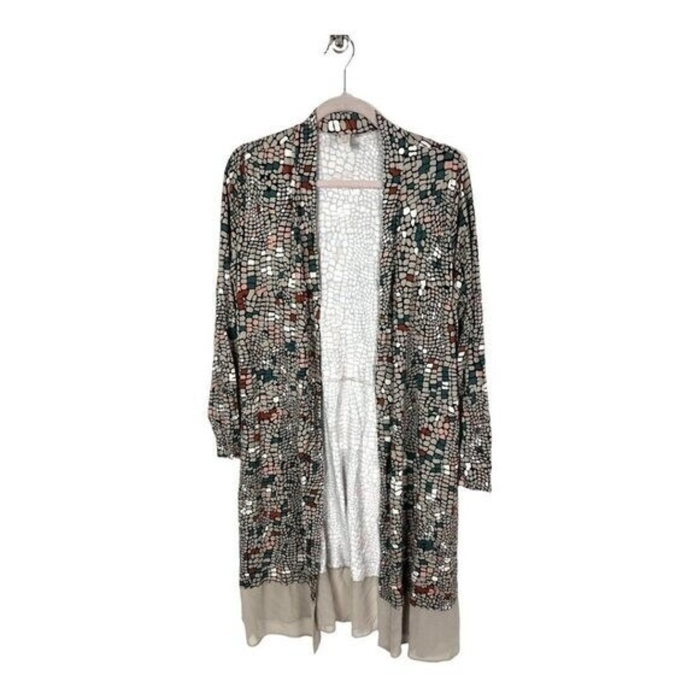 LOGO Lori Goldstein Mosaic Pebble‎ Print Open Front Cardigan Pockets Tan Teal M